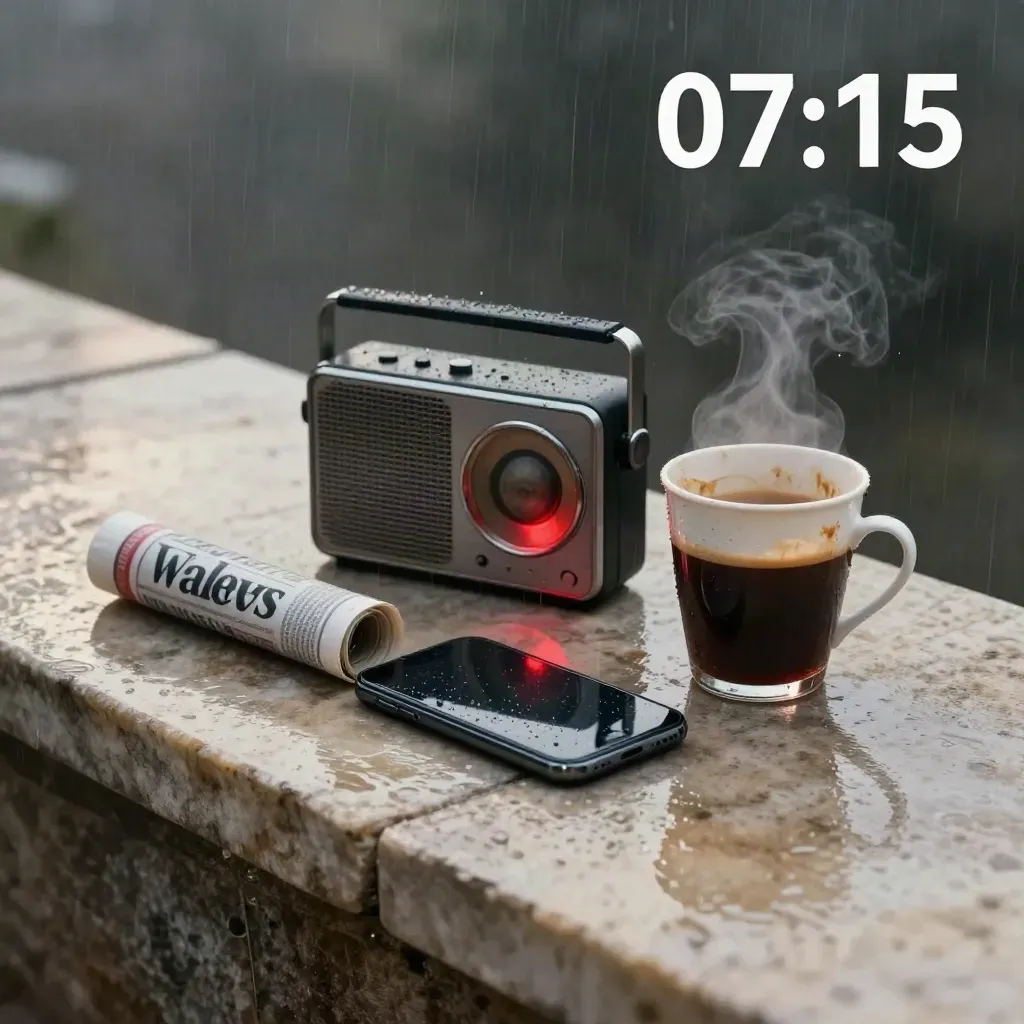 Zwarte smartphone, opgerolde nieuwsrol, radio en natte koffiekop op natte stenen in regenmist.