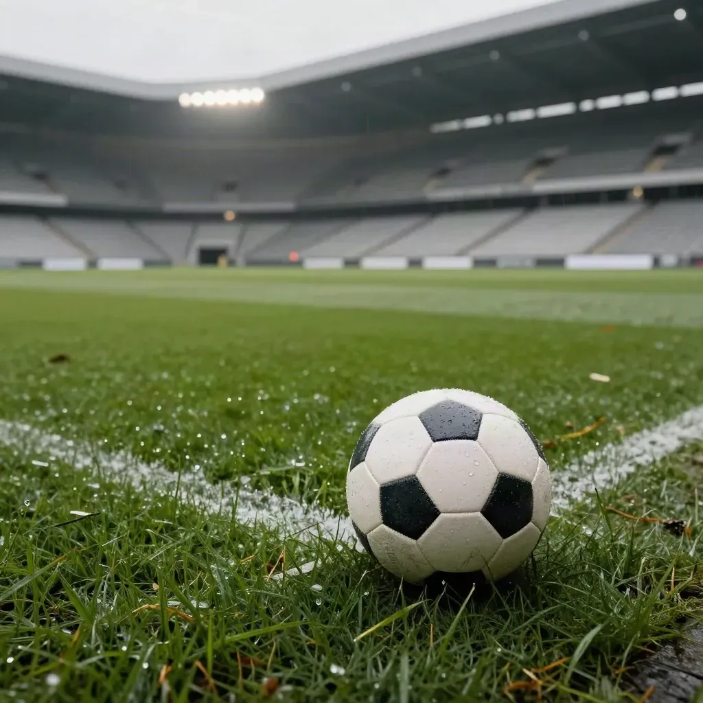 Wedstrijdbal op natte middenstip in leeg stadion met regen en mistige lampen.