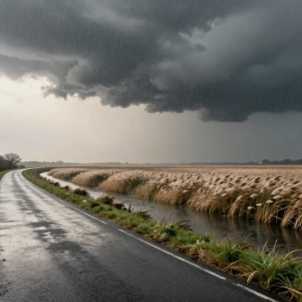 Donkere onweerswolk boven een polderweg met riet, watergang en opspattende regen.