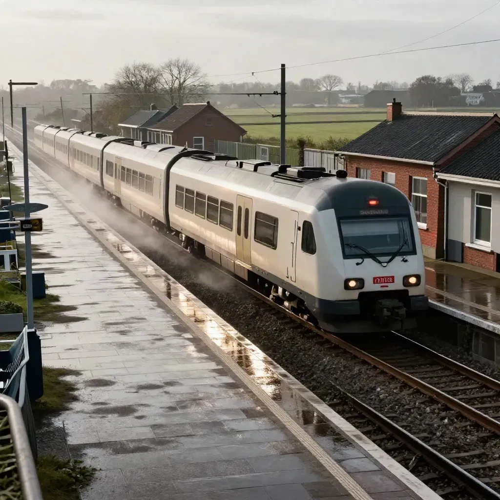 Regionale trein glijdt langs nat perron met mist en open polderland.