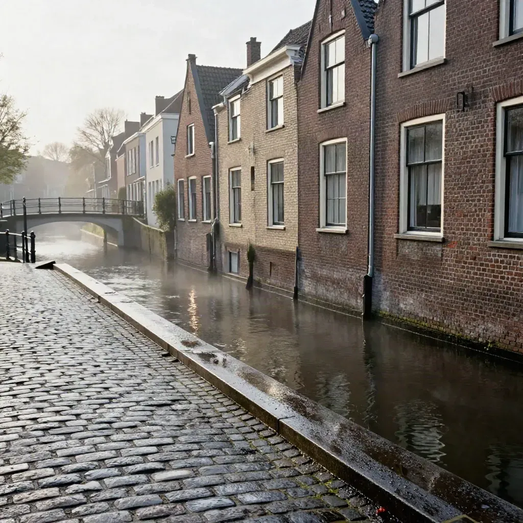 Kanaalbrug met natte kasseien, rijtjeshuizen en mist na een regenbui