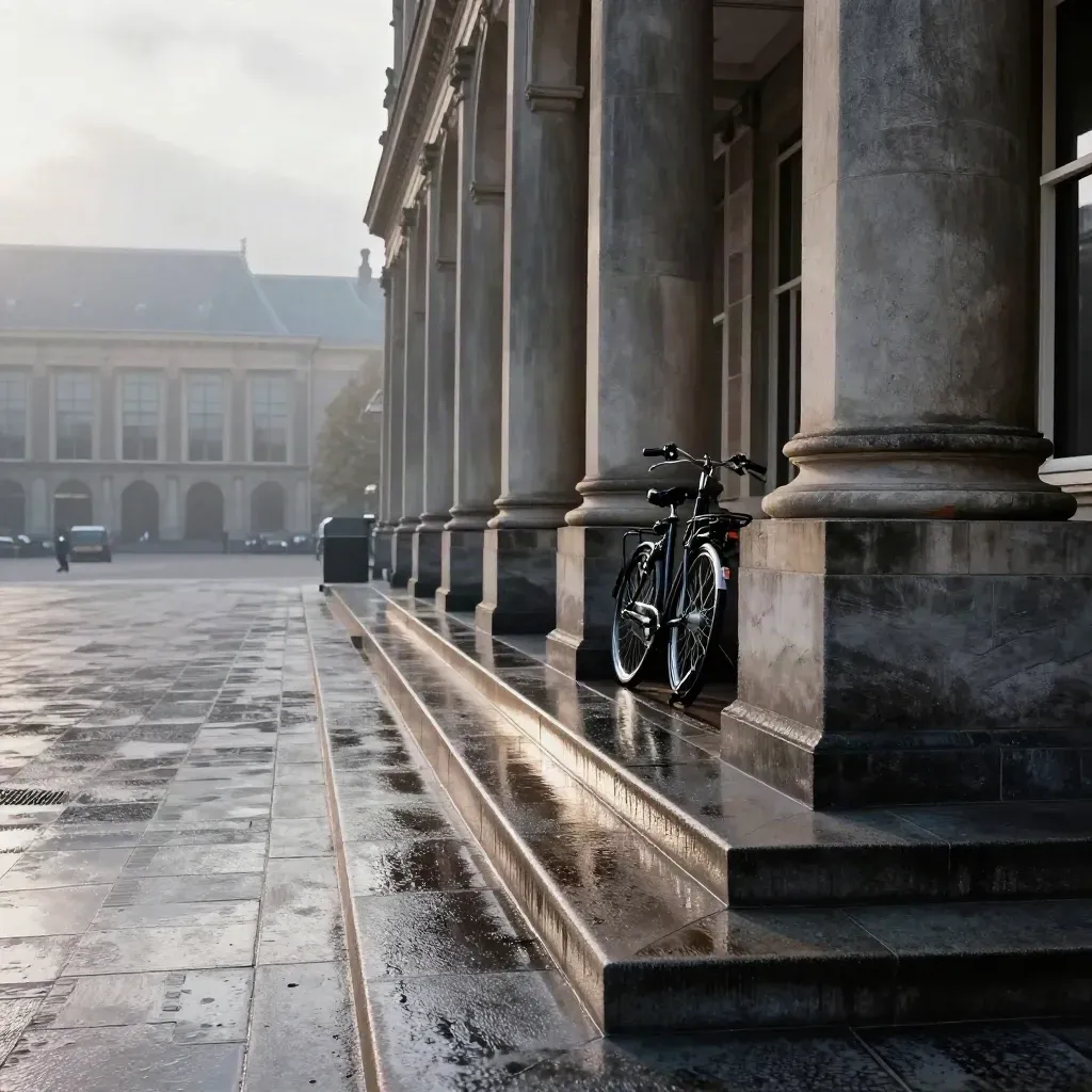 Laag shot van de Tweede Kamer met natte stenen en een geparkeerde fiets in Den Haag.