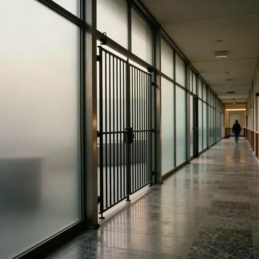 Lege gerechtsgang met frosted glass, zwarte poort en glimmende vloer na zitting
