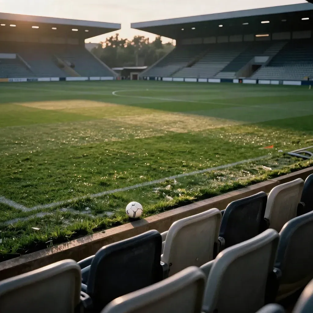 Leeg voetbalveld met bal bij de zijlijn en lege tribunes in avondlicht