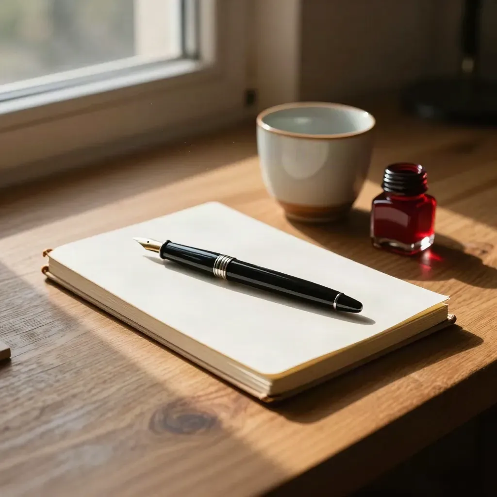 Schrijftafeltje met vulpen, gesloten notitieboek, kopje en rood inktflesje in warm raamlicht