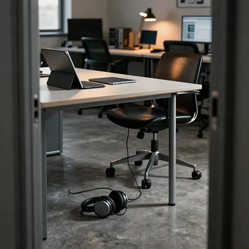 Lege nieuwsredactietafel met tablets, koptelefoons, rolstoel en dim lamplicht